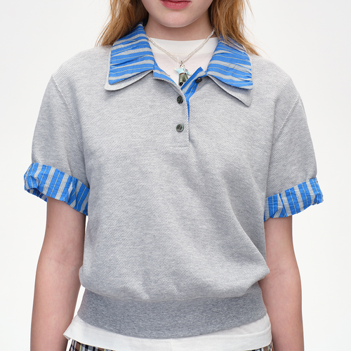 SHORT SENTENCE (concierge) (W) PATCHWORK PLEATED POLO SHIRT (GREY MELANGE)