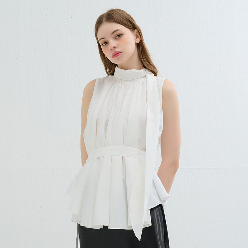 CAMINO tie shirring tank top blouse white