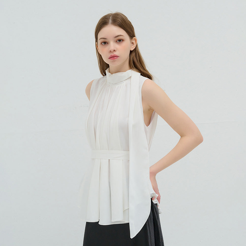 CAMINO tie shirring tank top blouse white