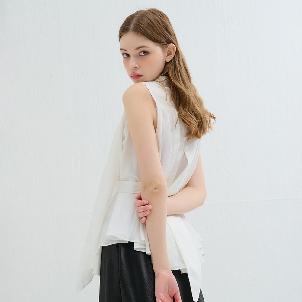 CAMINO tie shirring tank top blouse white