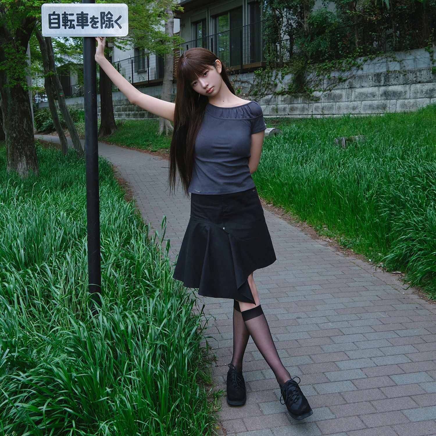 MISEKI SEOUL Sheer shirring layered top CHARCOAL