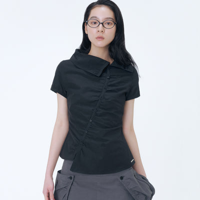 High neck shirring button shirt BLACK