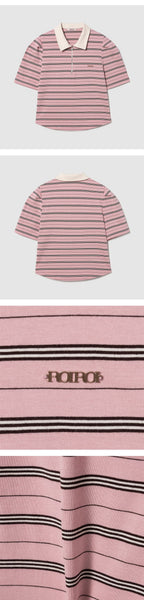 ROIROI Volume sleeve striped collar short sleeve t-shirt - pink