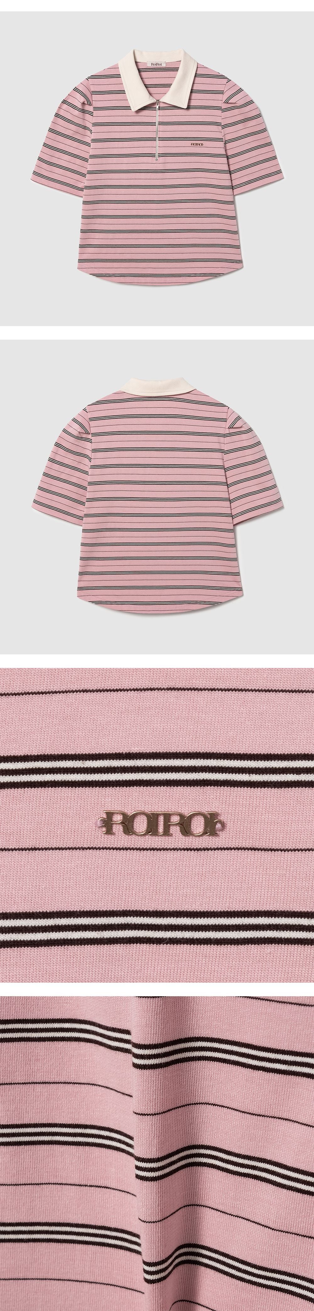 ROIROI Volume sleeve striped collar short sleeve t-shirt - pink