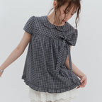 highschooldisco Check ribbon round collar blouse