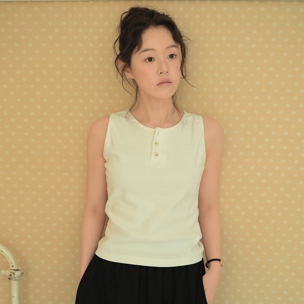 WEDNESDAYOASIS Henley Ribbed Sleeveless T-Shirt_IVORY(W26TP23)