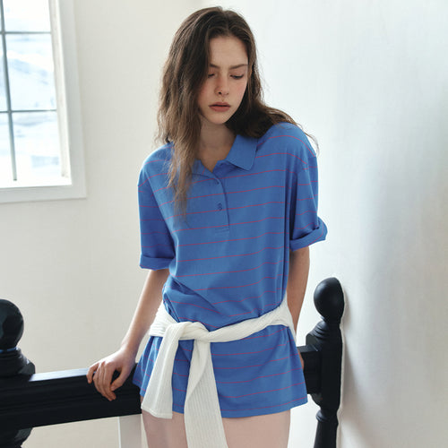 VANONE ATELIER A3599 Loose fit striped collar t-shirt_Cobalt blue