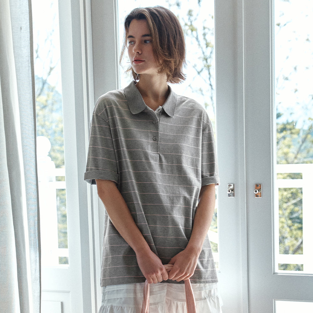 VANONE ATELIER A3599 Loose fit striped collar t-shirt_Light gray
