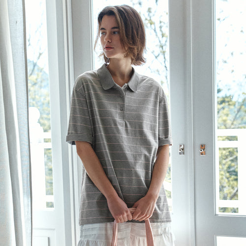 VANONE ATELIER A3599 Loose fit striped collar t-shirt_Light gray