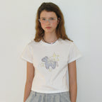 RONRON RIBBON PONY APPLIQUE CROP T SHIRT WHITE