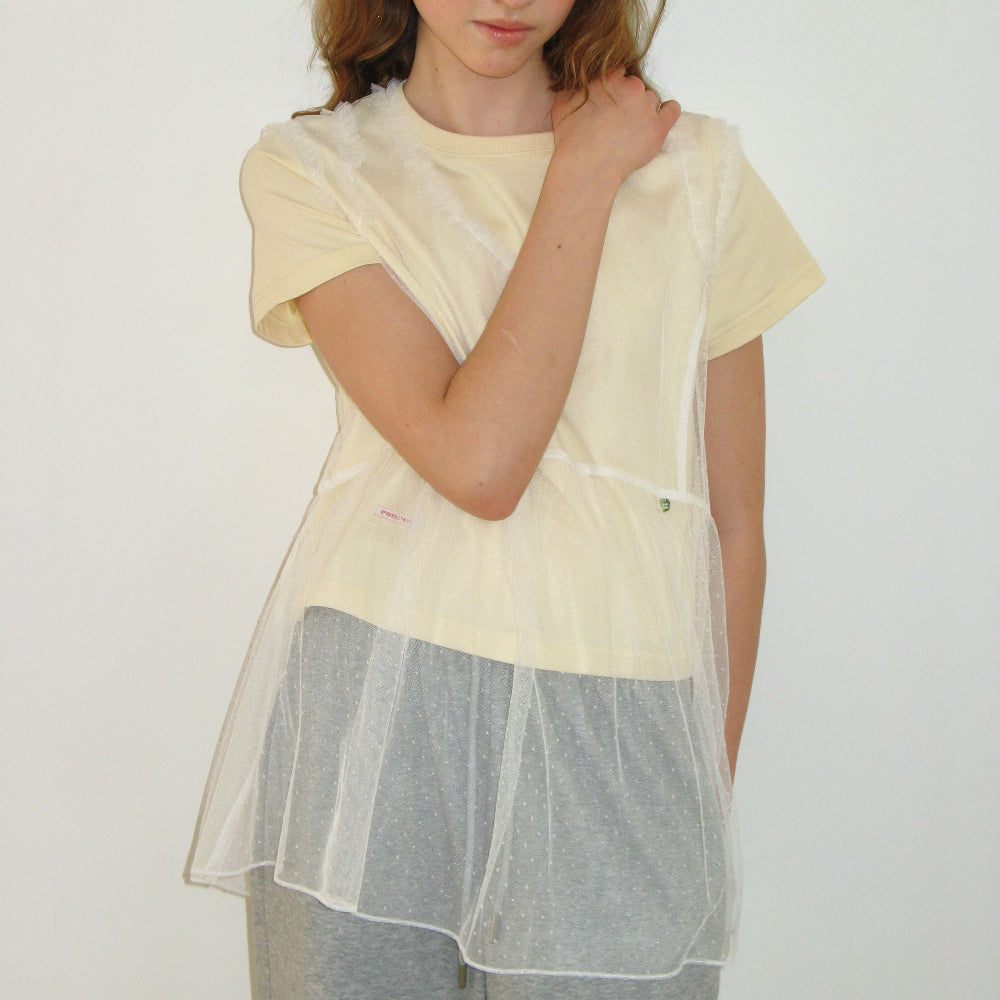 RONRON SHEER DOT MESH LAYERED TUNIC TOP WHITE