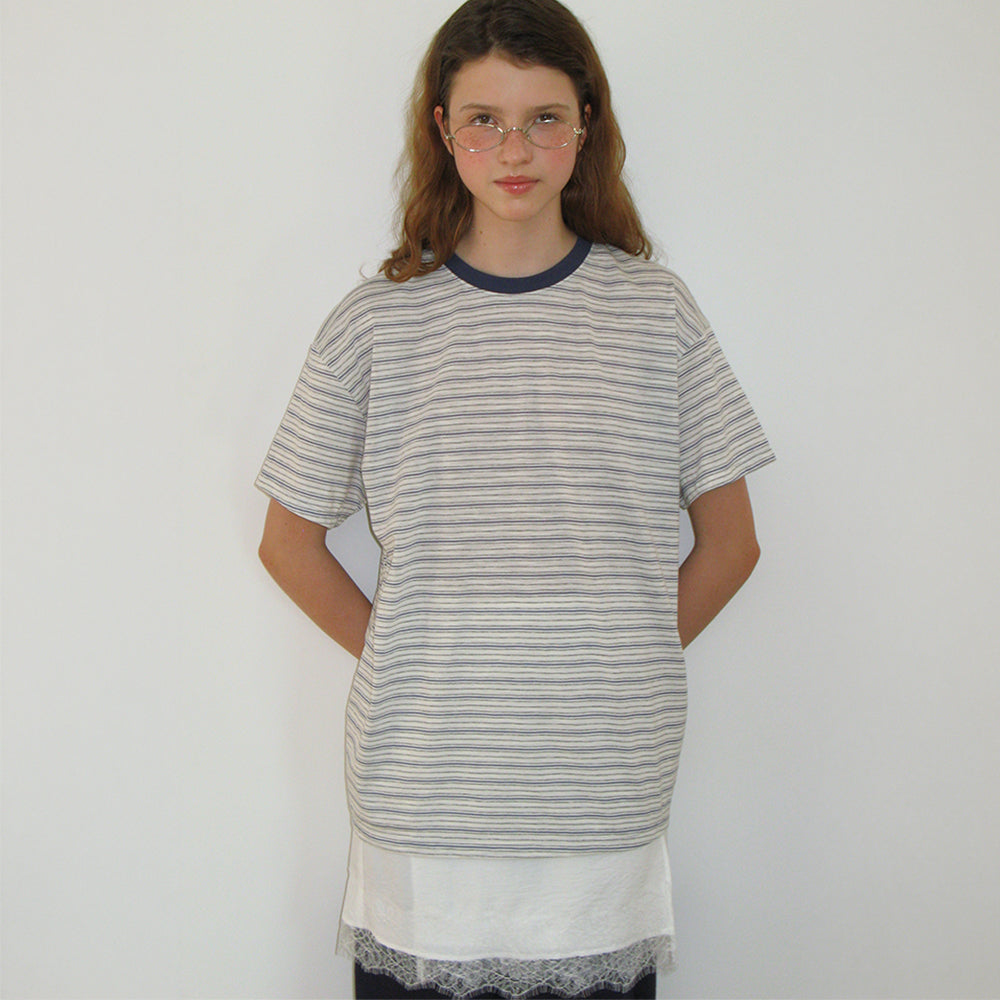 RONRON MULTI PATTERN HEART STRIPE SHORT SLEEVE BLUE