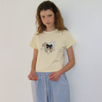 RONRON RIBBON PONY APPLIQUE CROP T SHIRT SOFT YELLOW