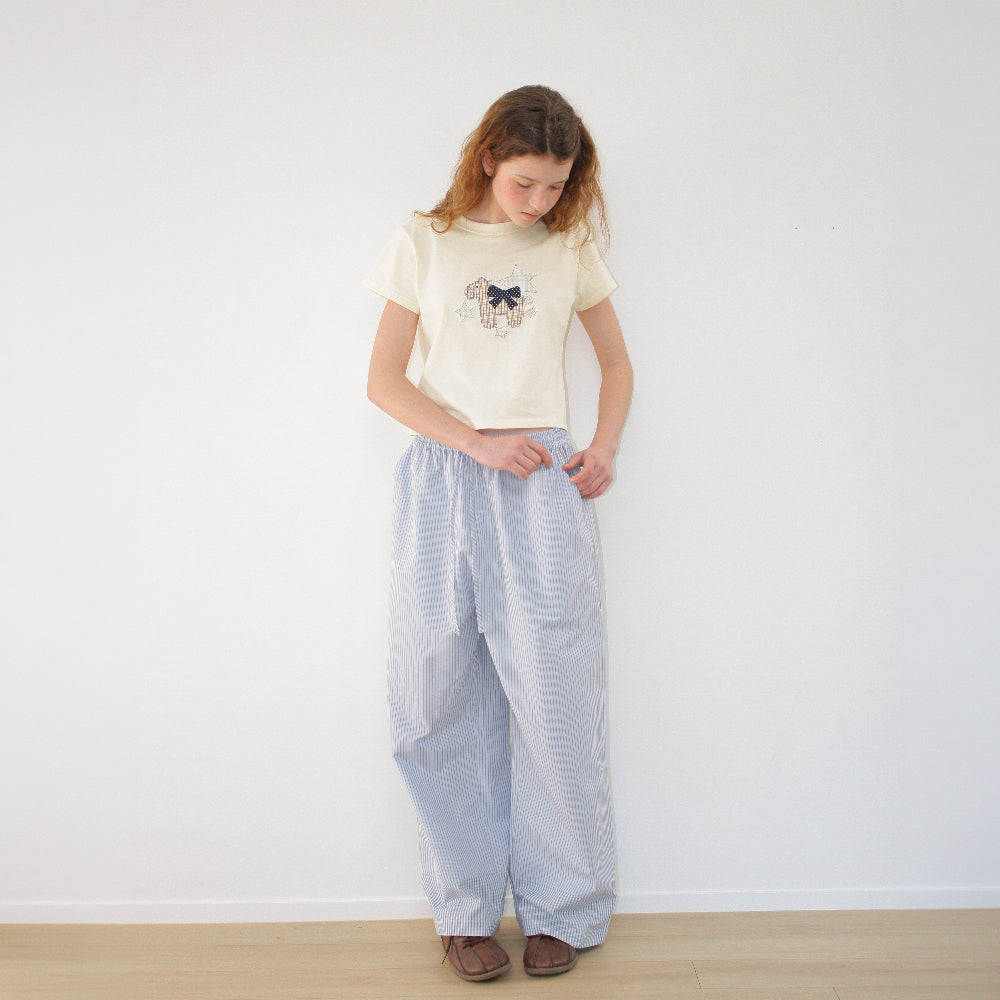 RONRON RIBBON PONY APPLIQUE CROP T SHIRT SOFT YELLOW