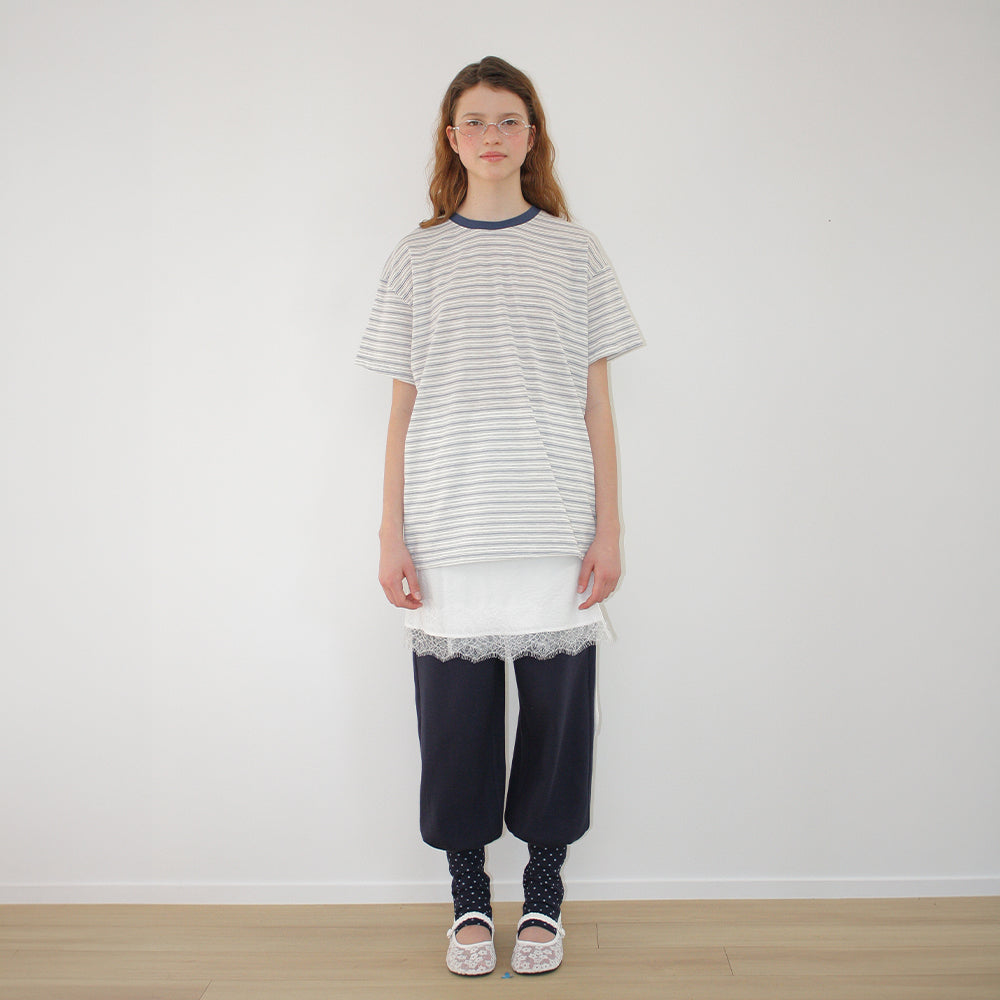 RONRON MULTI PATTERN HEART STRIPE SHORT SLEEVE BLUE