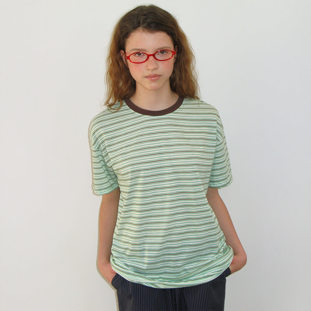 RONRON MULTI PATTERN HEART STRIPE SHORT SLEEVE GREEN