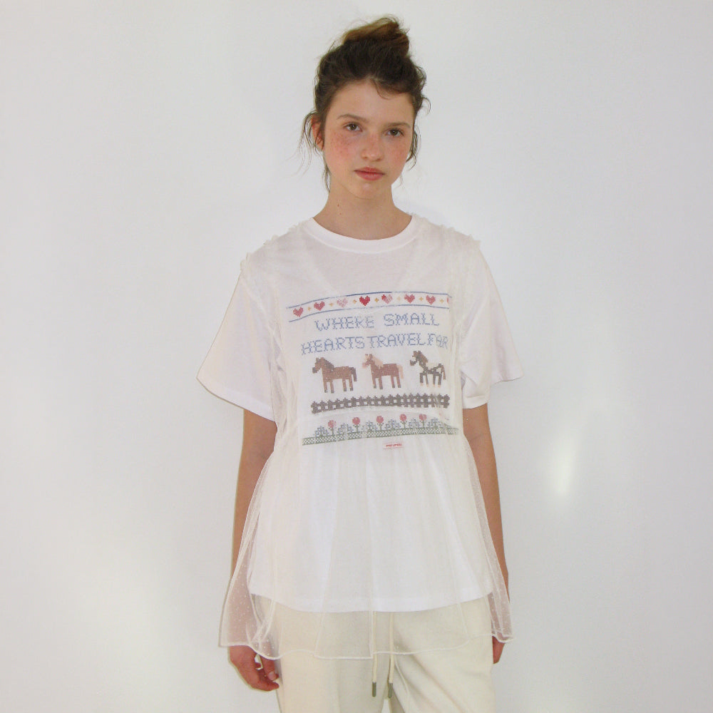 RONRON SHEER DOT MESH LAYERED TUNIC TOP WHITE