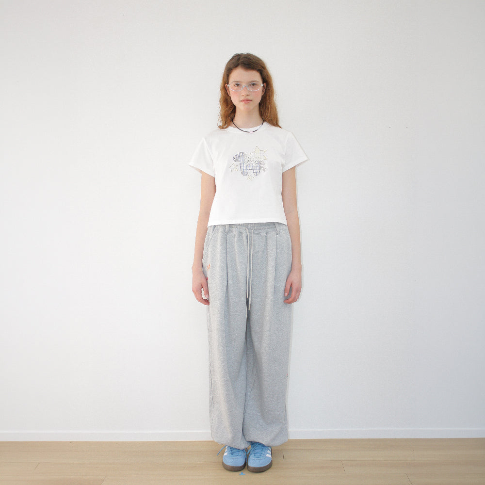 RONRON RIBBON PONY APPLIQUE CROP T SHIRT WHITE
