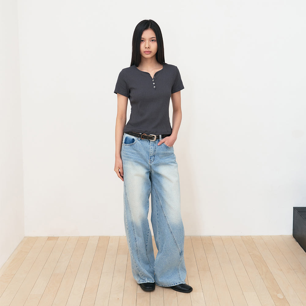 SIS A [11th reorder] Button henley neck half t-shirt [charcoal]