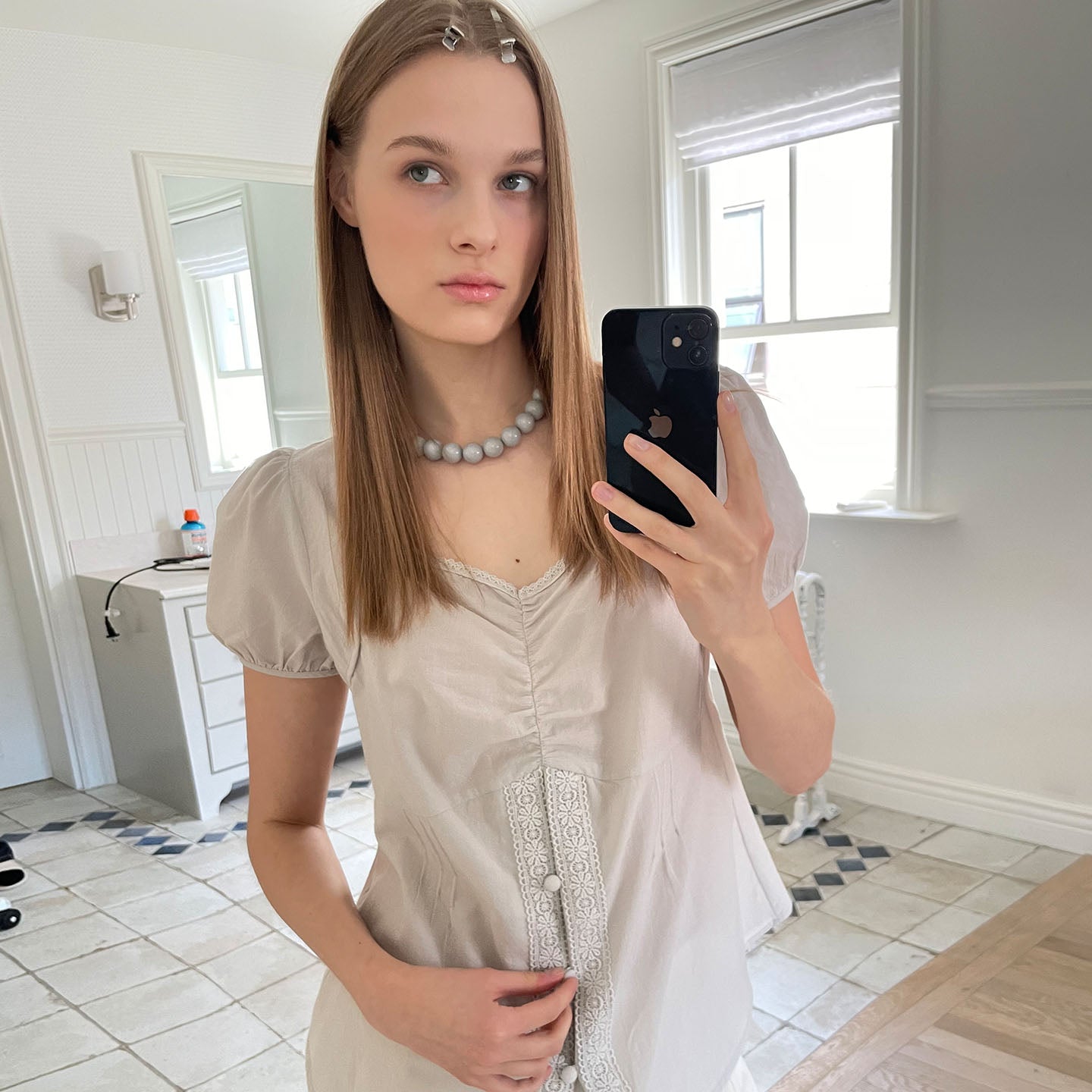 OURO COTTON LACE PINTUCK BLOUSE [ PALE BLUE ]