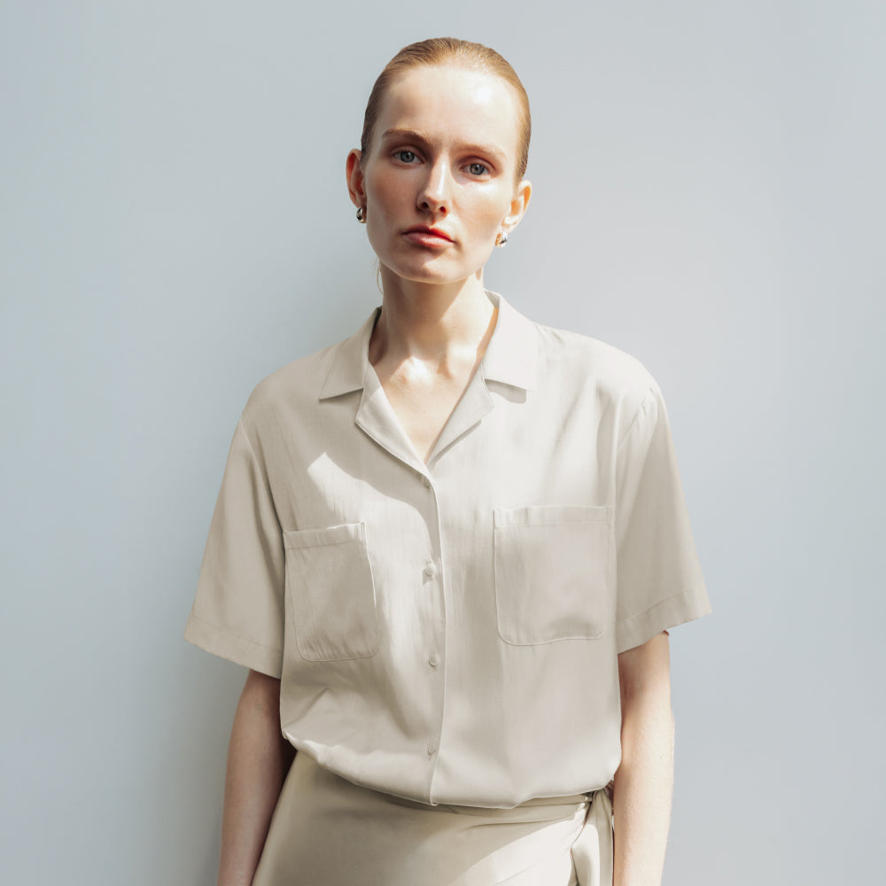 AND YOU Notched collar relaxed fit short sleeve shirt (Cream/Black)_2GMUBL23