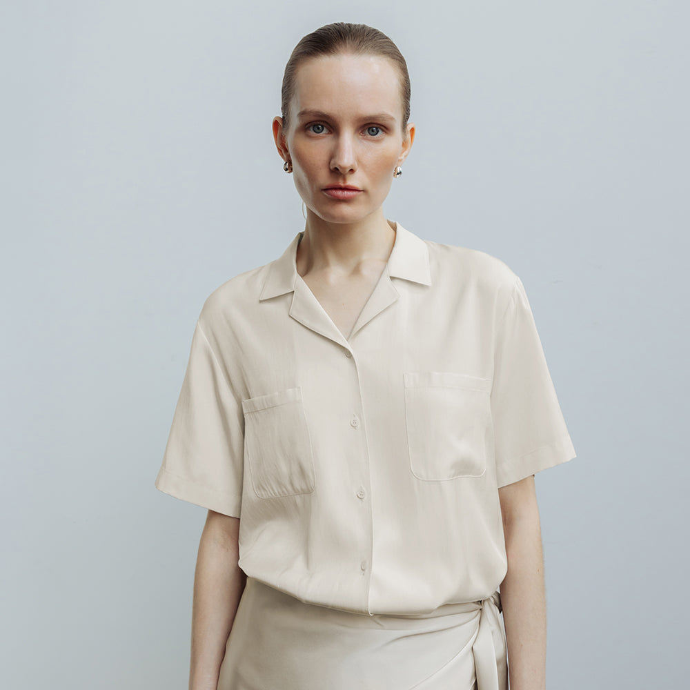 AND YOU Notched collar relaxed fit short sleeve shirt (Cream/Black)_2GMUBL23