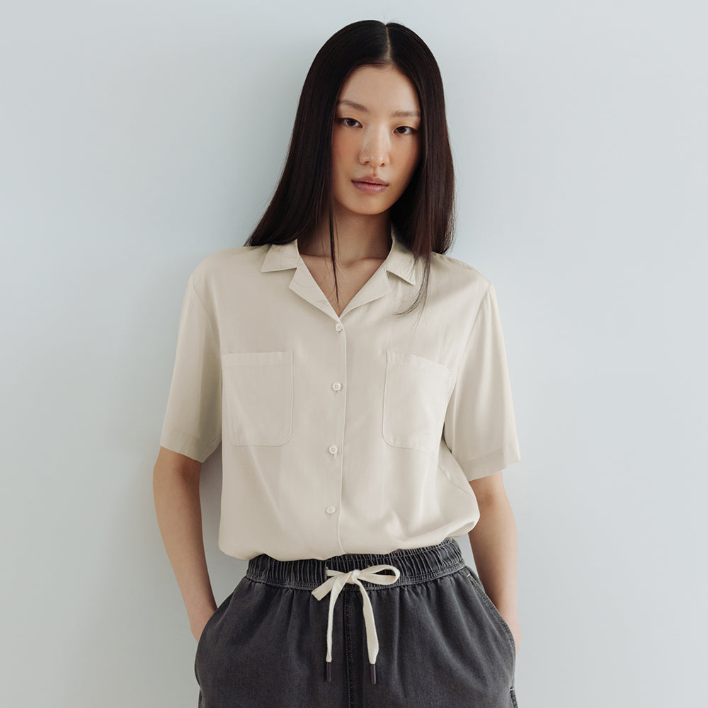 AND YOU Notched collar relaxed fit short sleeve shirt (Cream/Black)_2GMUBL23