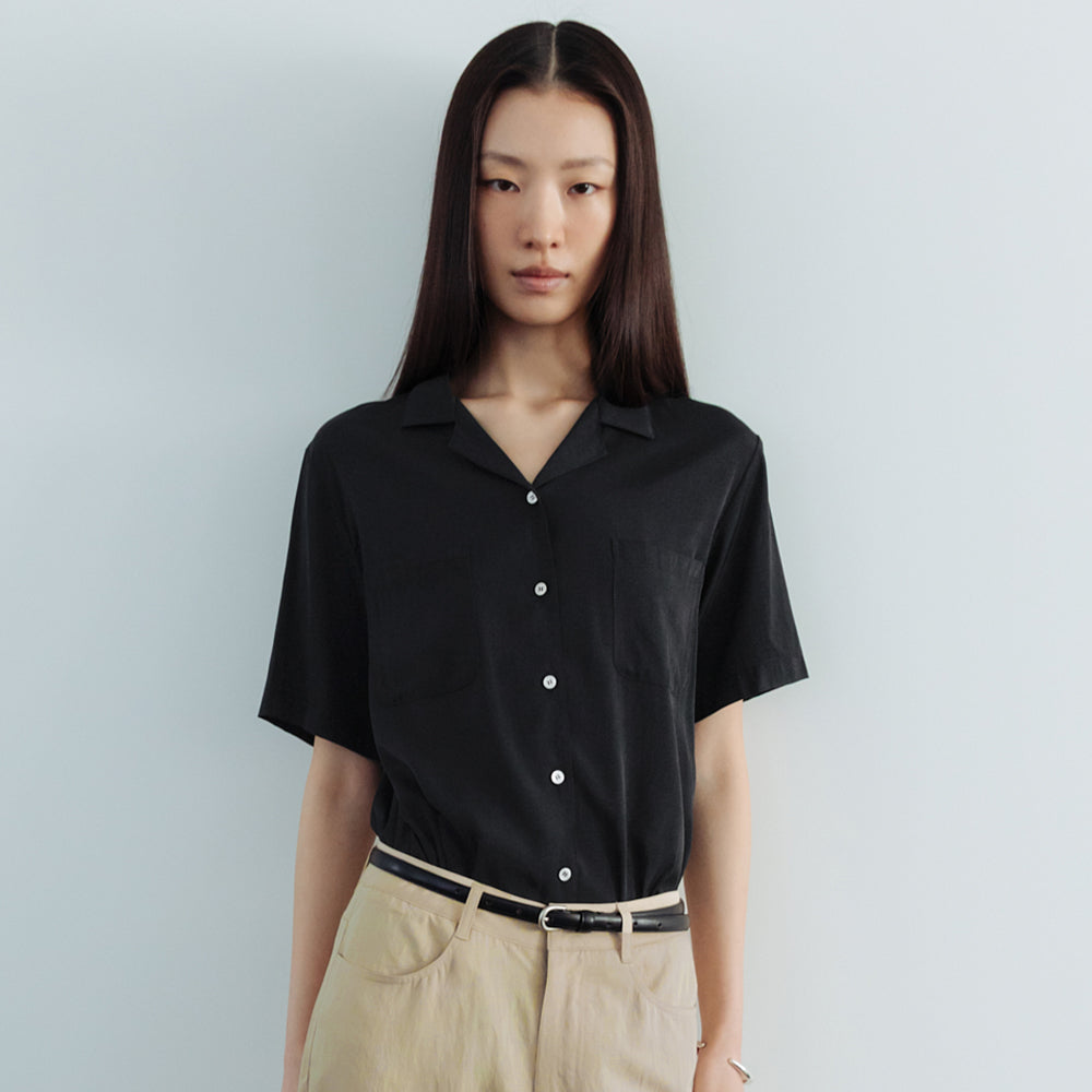 AND YOU Notched collar relaxed fit short sleeve shirt (Cream/Black)_2GMUBL23