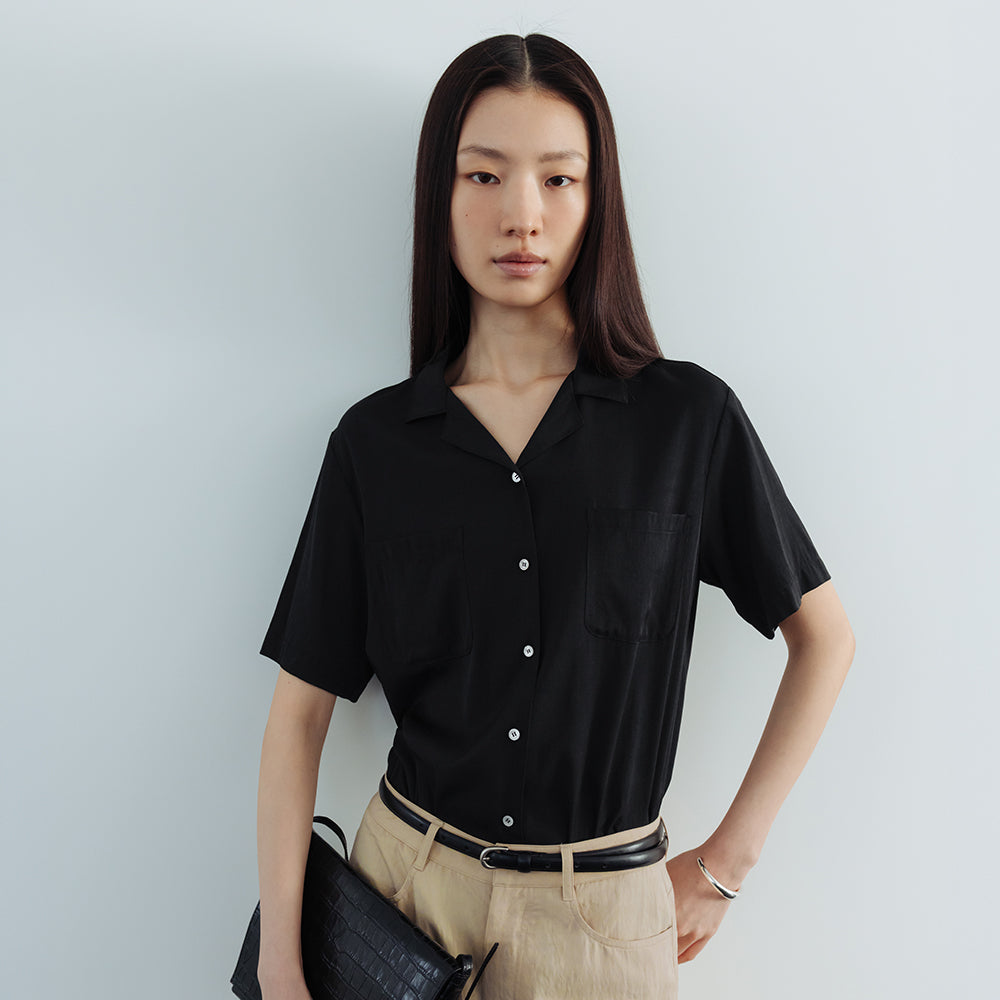 AND YOU Notched collar relaxed fit short sleeve shirt (Cream/Black)_2GMUBL23