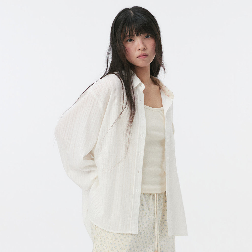 OHESHIO SHEER OVERFIT COTTON SHIRT, WHITE