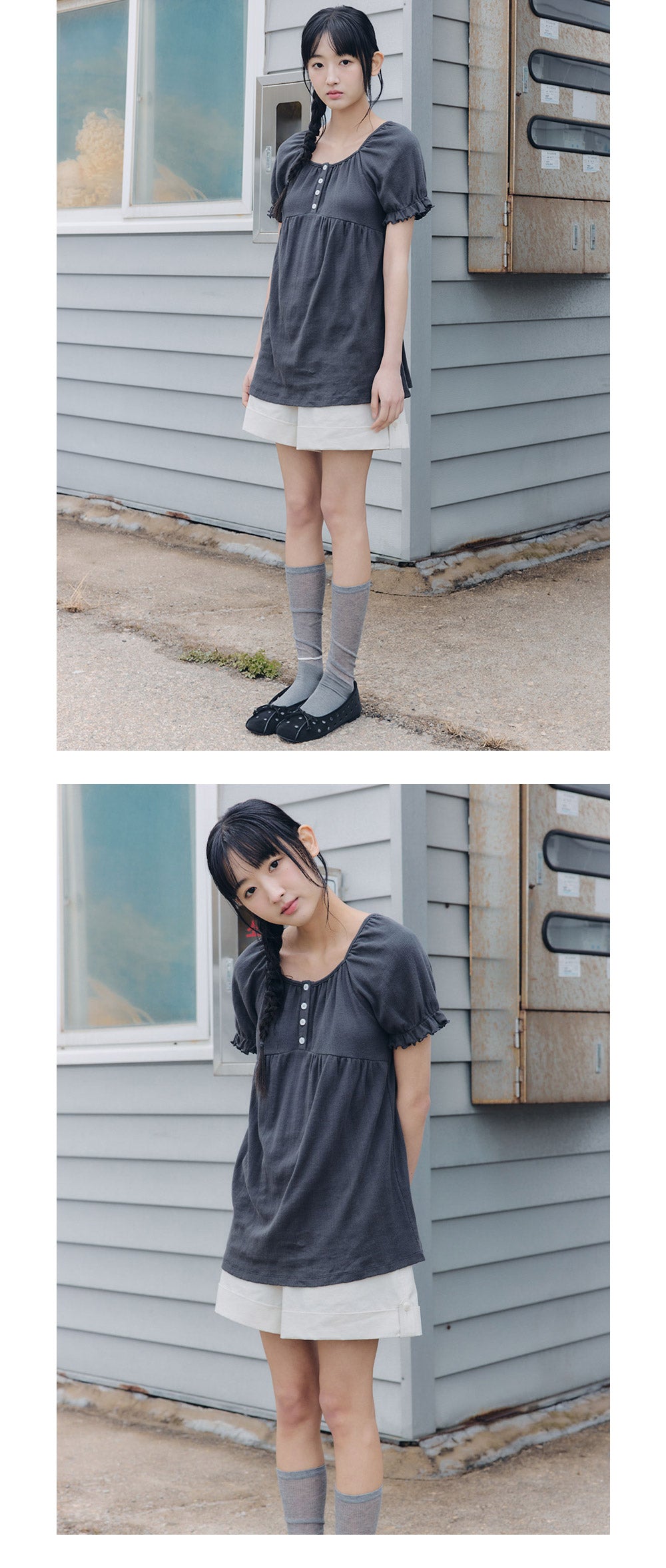 CELITAILS SCOOP NECK SHIRRING T-SHIRT_CHARCOAL