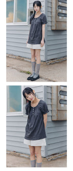 CELITAILS SCOOP NECK SHIRRING T-SHIRT_CHARCOAL
