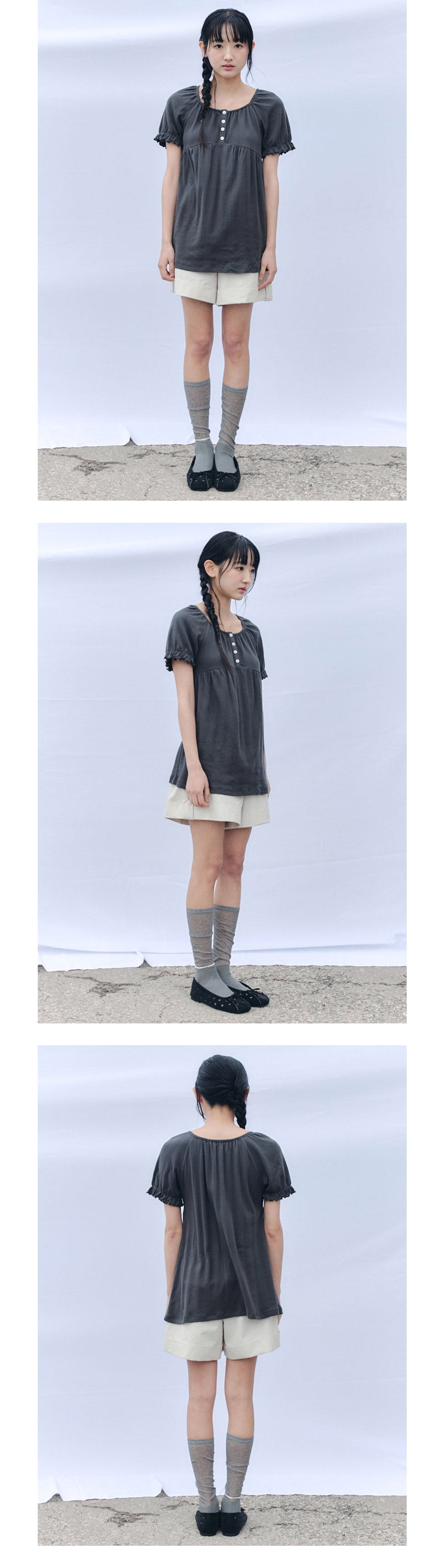 CELITAILS SCOOP NECK SHIRRING T-SHIRT_CHARCOAL