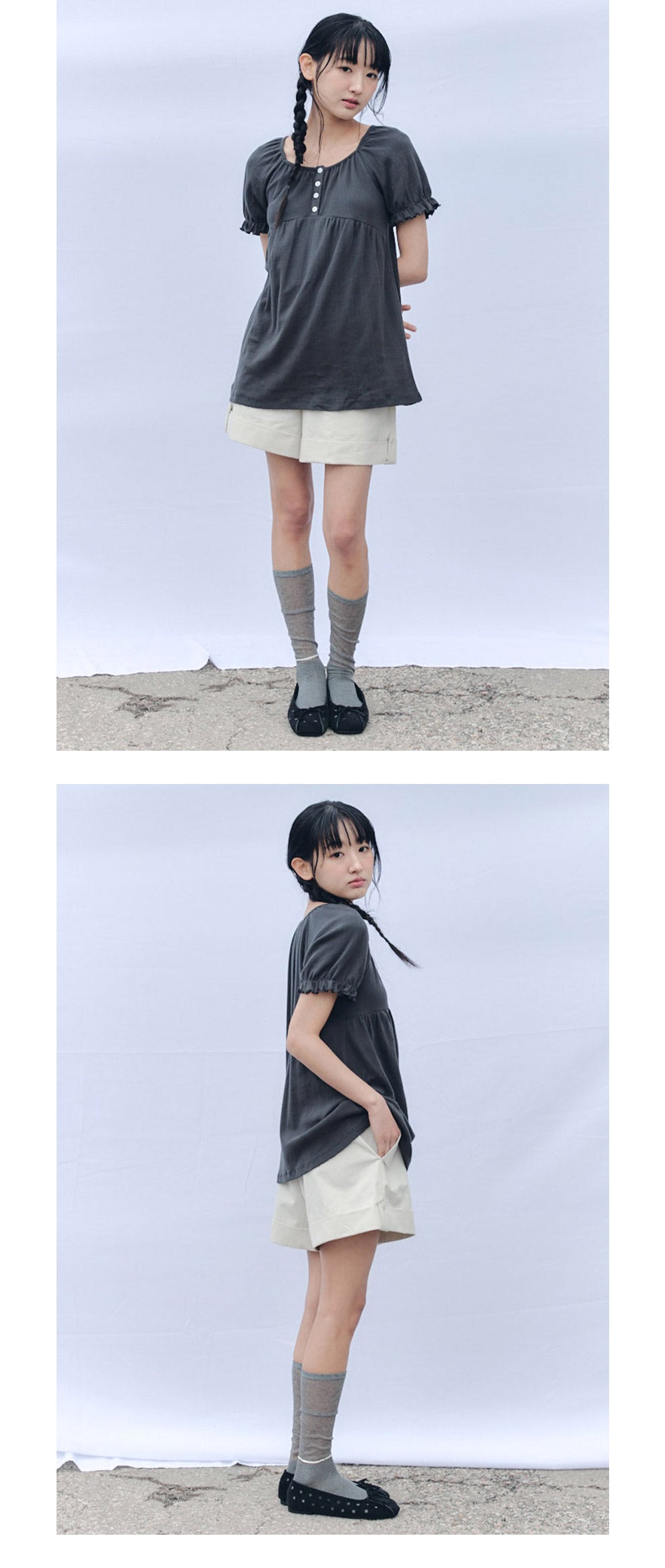 CELITAILS SCOOP NECK SHIRRING T-SHIRT_CHARCOAL