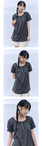 CELITAILS SCOOP NECK SHIRRING T-SHIRT_CHARCOAL