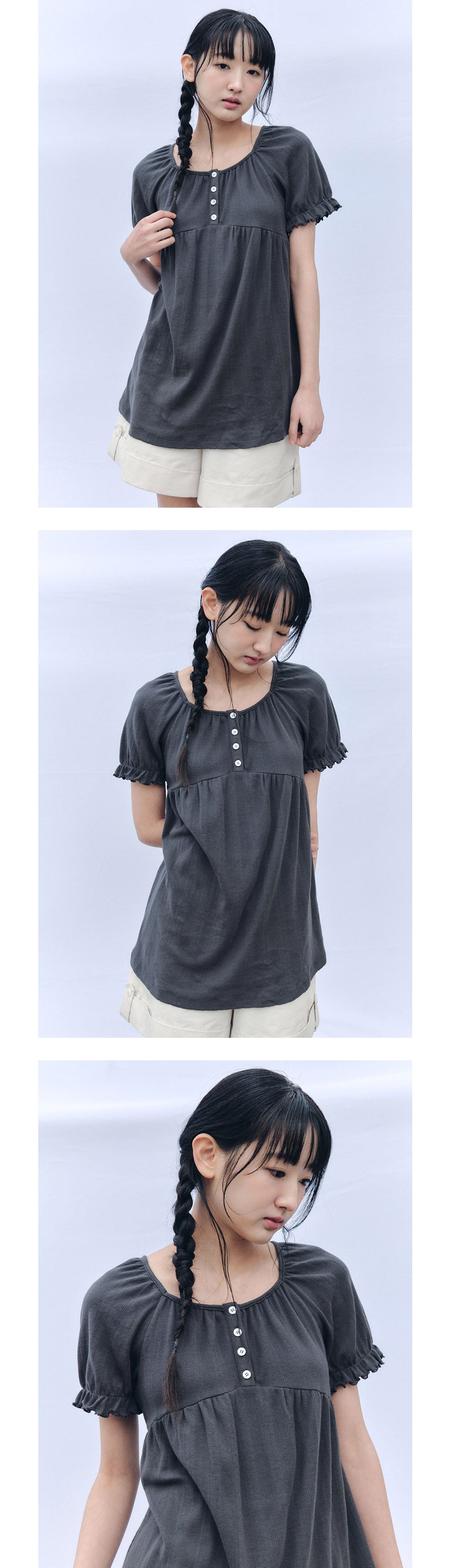 CELITAILS SCOOP NECK SHIRRING T-SHIRT_CHARCOAL