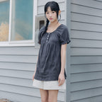 CELITAILS SCOOP NECK SHIRRING T-SHIRT_CHARCOAL