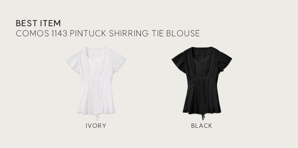 OURCOMOS comos 1143 pintuck shirring tie blouse (black)