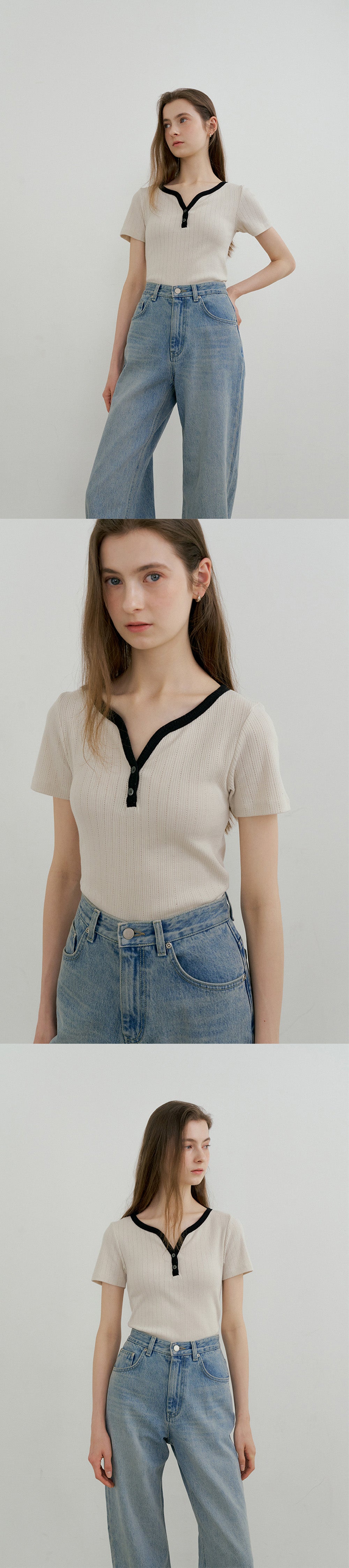 OURCOMOS comos 1421 henly-neck ribbed T-shirt (beige)