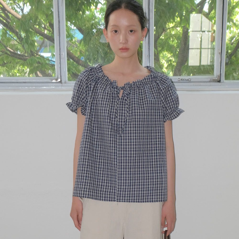 SO IR RUFFLE HEM SHIRRING BLOUSE - CHECK