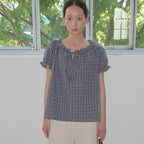 SO IR RUFFLE HEM SHIRRING BLOUSE - CHECK