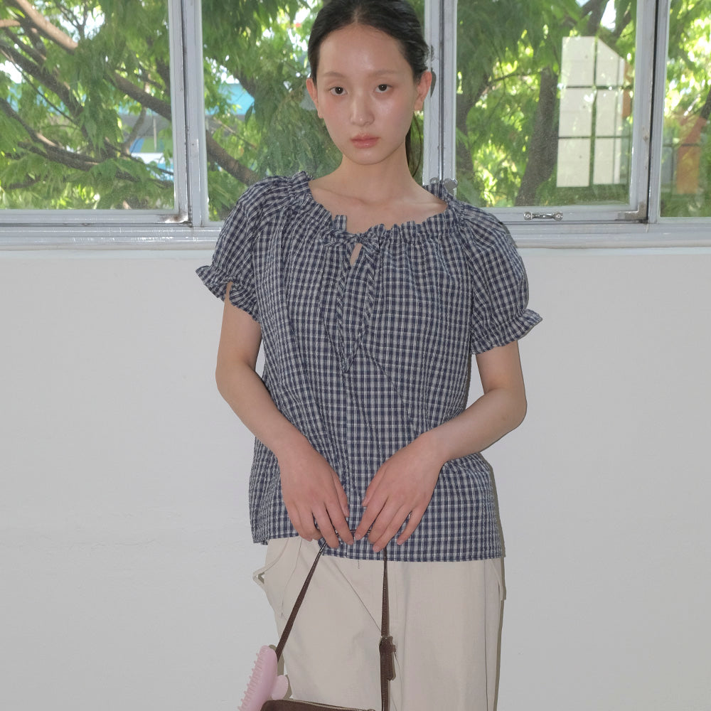 SO IR RUFFLE HEM SHIRRING BLOUSE - CHECK
