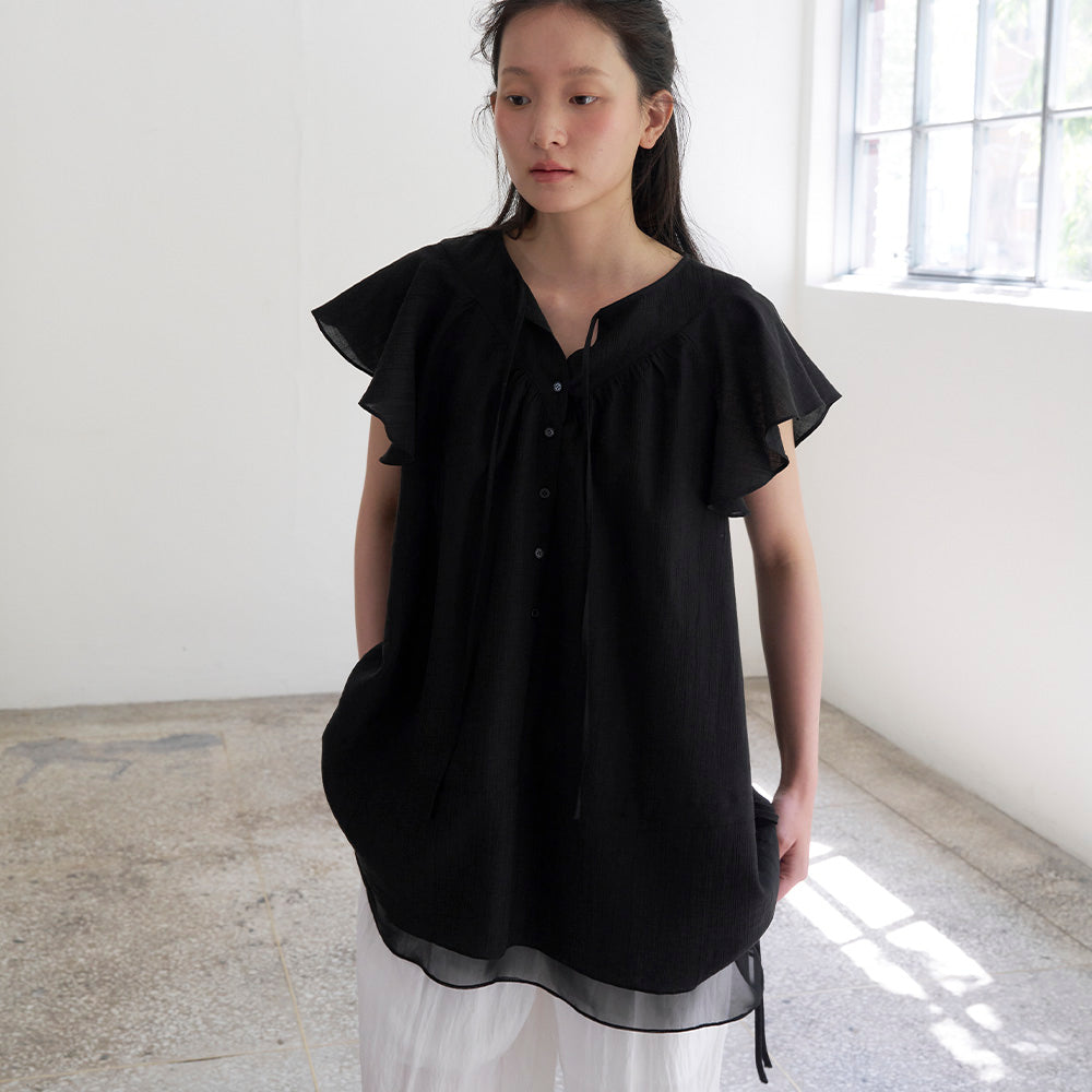SO IR RUFFLE ONE PIECE BLOUSE - BLACK