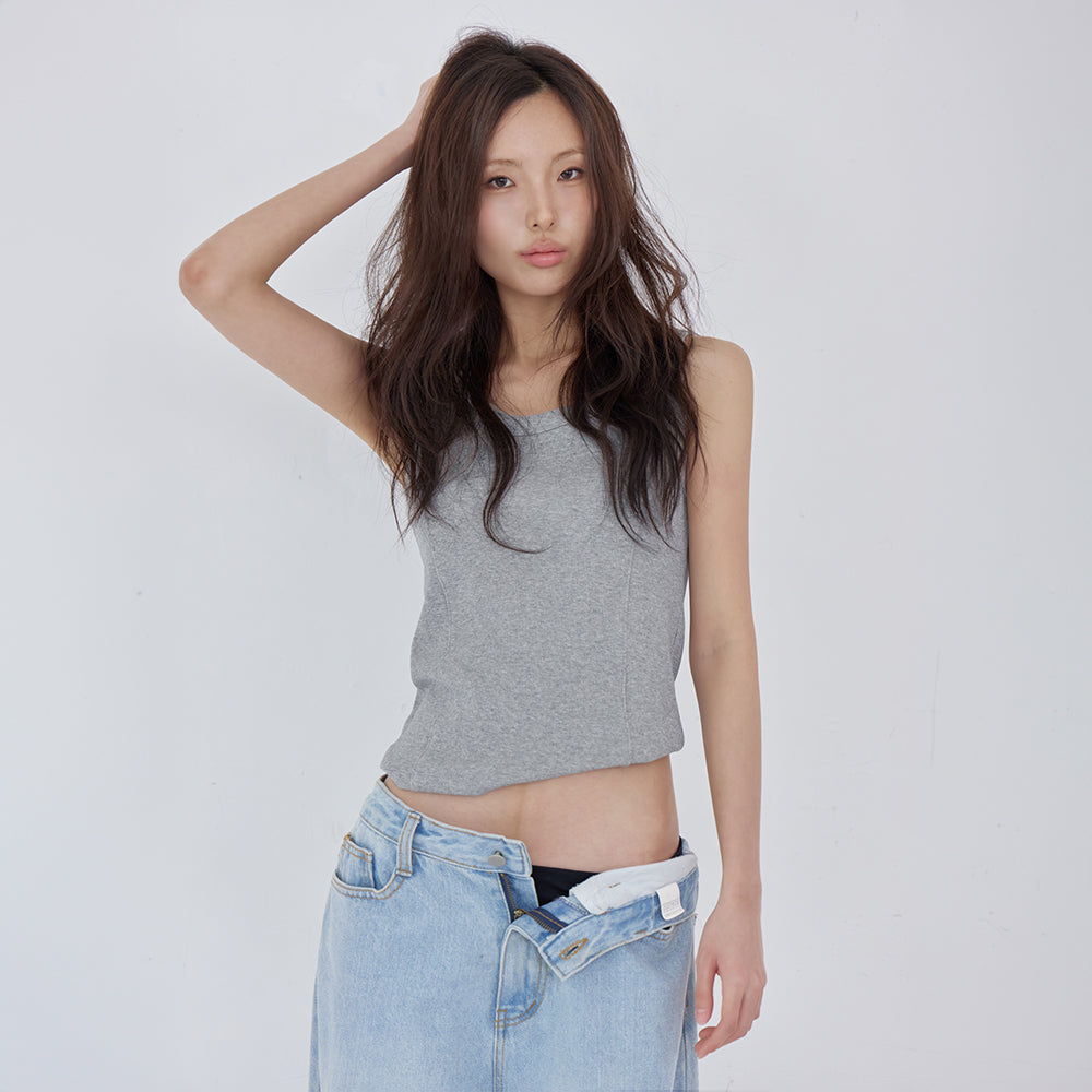 LONDONDADA Contrast Stitch Ribbed Tank Top, M.GREY