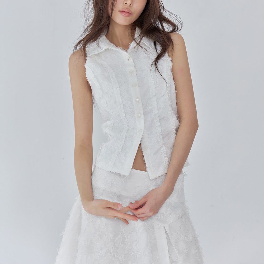 LONDONDADA Soft Fringe Sleeveless Shirt, WHITE