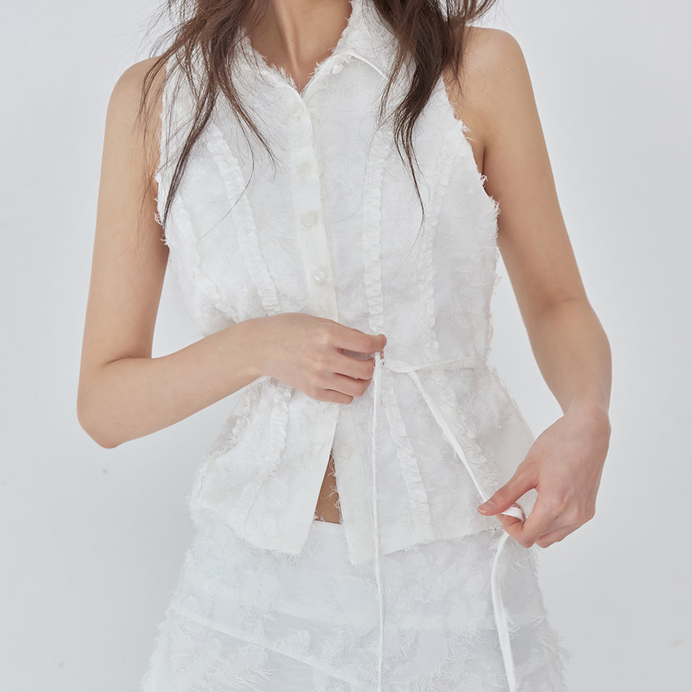 LONDONDADA Soft Fringe Sleeveless Shirt, WHITE