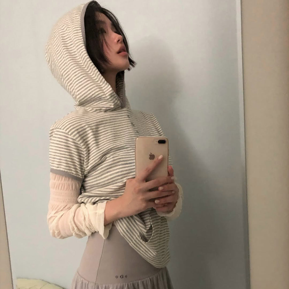aeae STRIPE HALF SLEEVE HOODIE [GREY]