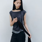 CACELE LAYERED NECK STRAP T-SHIRT, CHARCOAL