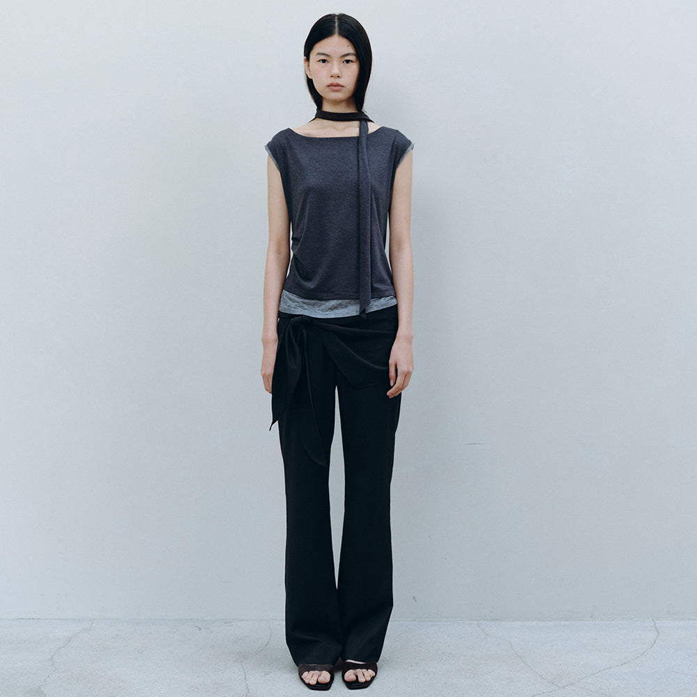CACELE LAYERED NECK STRAP T-SHIRT, CHARCOAL