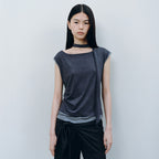 CACELE LAYERED NECK STRAP T-SHIRT, CHARCOAL